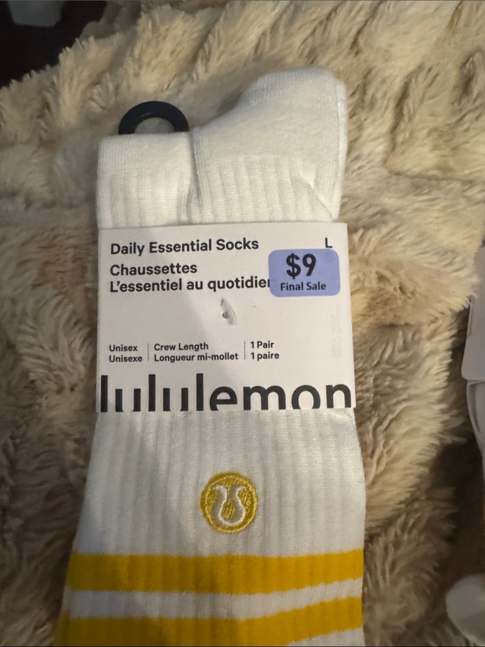 lululemon athletica White Crew Socks with Yellow Stripes